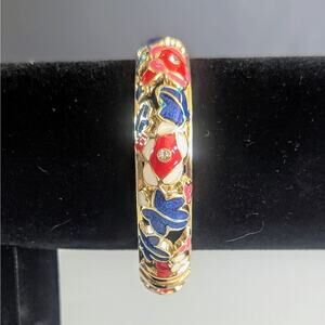 Vintage Jiu Long Xing Cloisonné Hinged Bangle Bracelet – Floral Enamel
